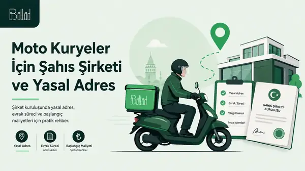 Ballad Ofis logolu çantasıyla moto kurye illüstrasyonu